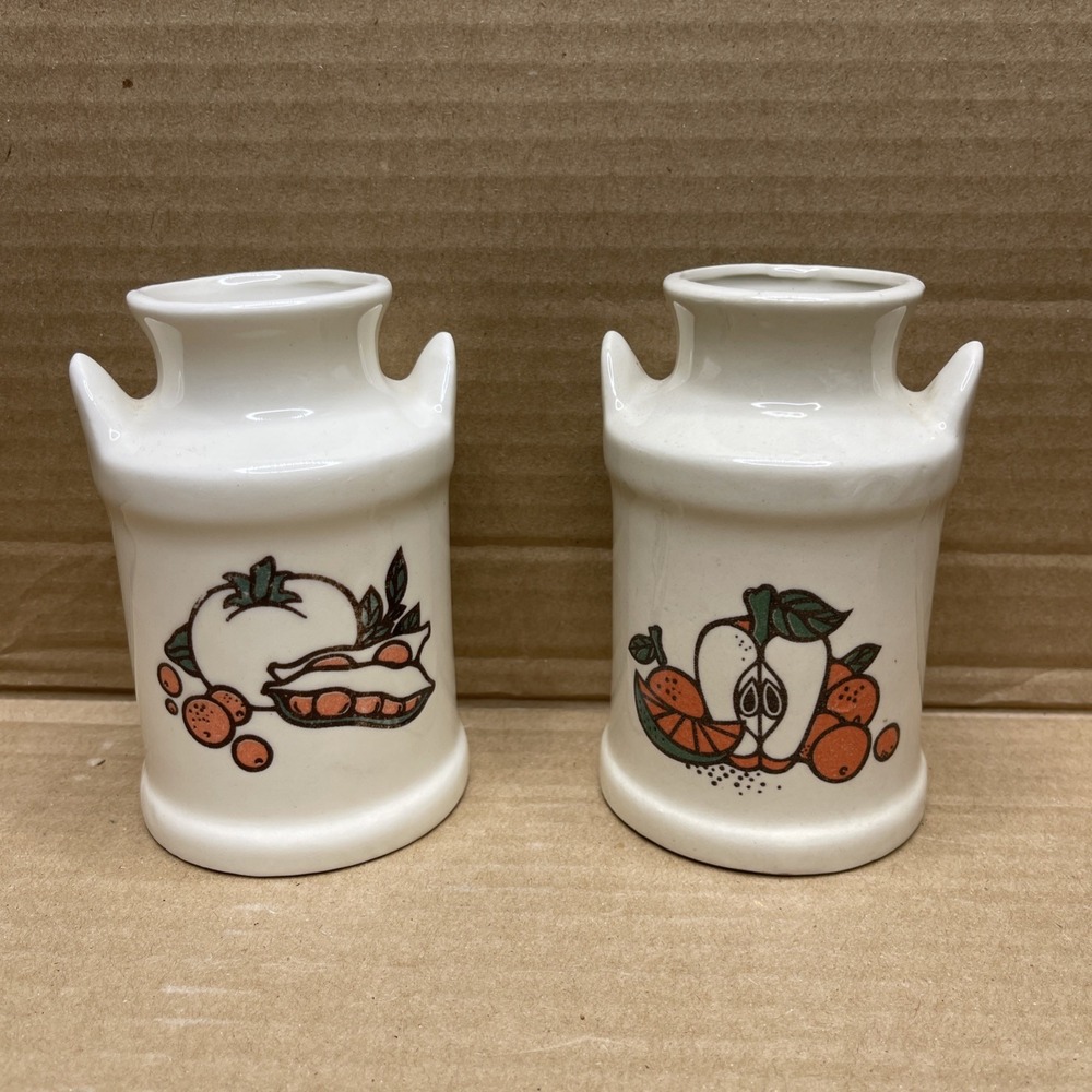 Vintage Taiwan Ceramic Mini Milk Can Vases Pair Fruit Vegetable Retro Kitchen